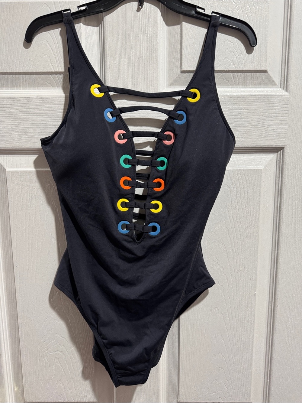 Bleu Rod Beattie Black One-Piece Swimsuit with Rainbow Eyelet Lace-Up